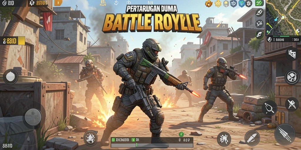 Tangkapan layar 88ID menampilkan aksi pertempuran seru di medan perang Battle Royale.