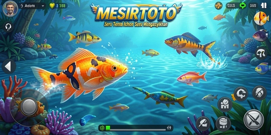 Screenshot gameplay <strong>MESIRTOTO</strong> yang menampilkan aksi menembak ikan.