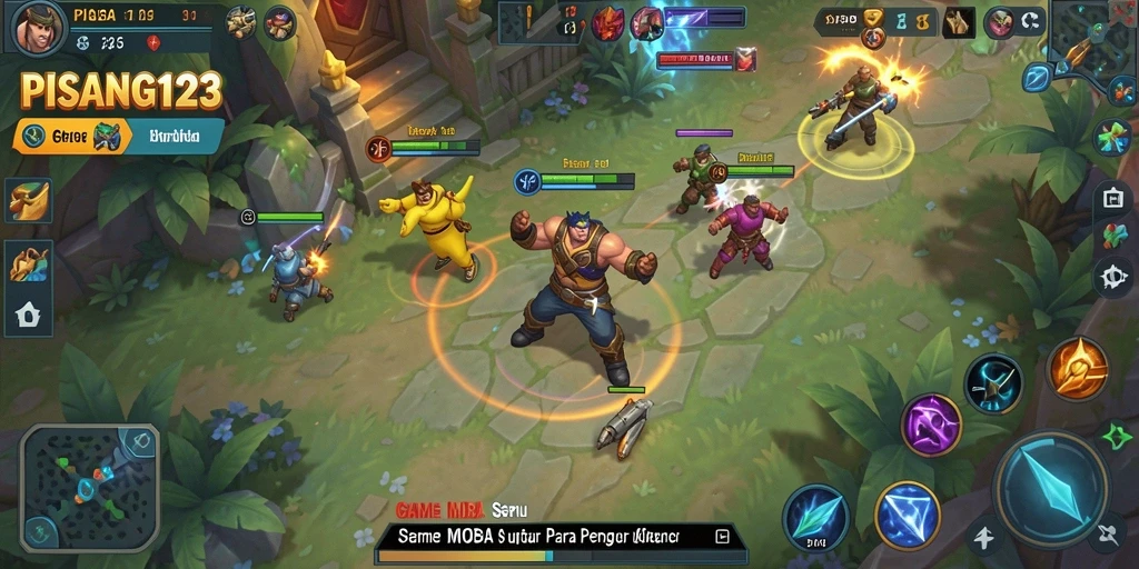 Screenshot utama PISANG123 menampilkan aksi pertandingan MOBA yang intens.